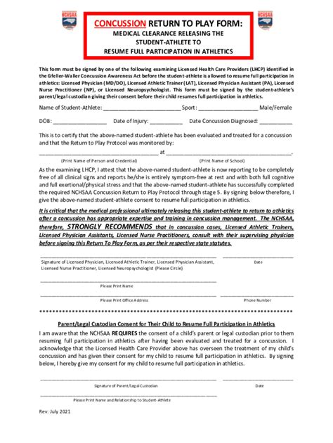 fillable  nchsaa concussion return  play protocol  forms fax