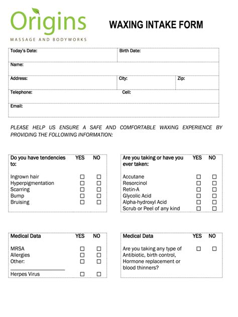 Origins Massage And Bodyworks Waxing Intake Form Fill And Sign