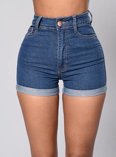 women s rolled cuff hipster cut stretch fabric jean shorts blue