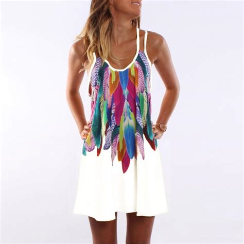 Women Summer Chiffon Feather Printed Boho Beach Dress Loose Fit