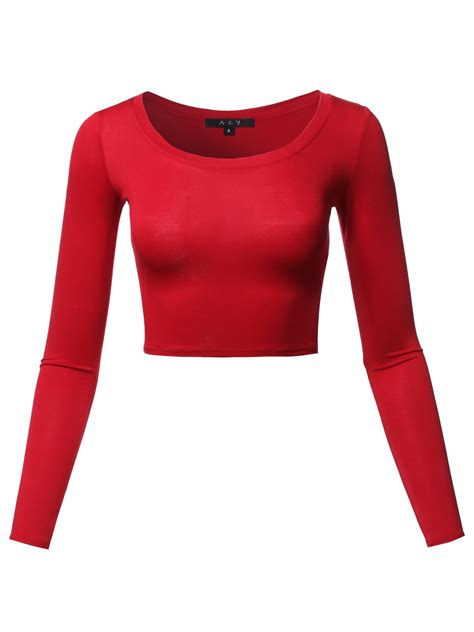 A2y Women S Basic Solid Stretchable Scoop Neck Long Sleeve Crop Top Red