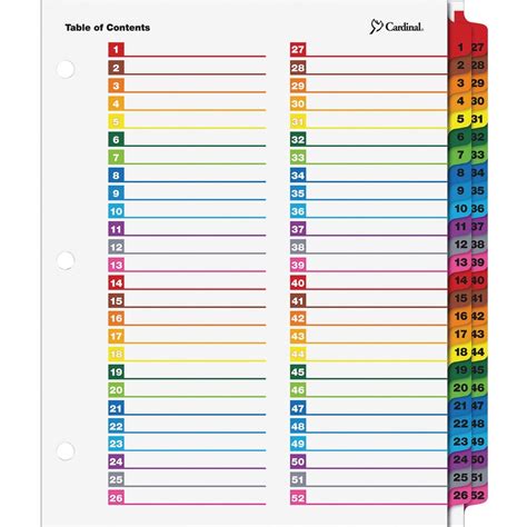 cardinal onestep printable table  contents  dividers  tab multi color zerbee