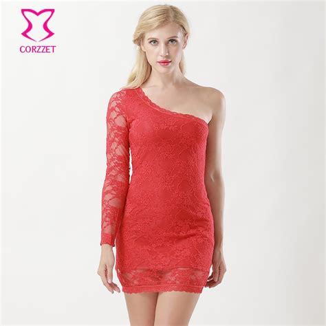 Elegant One Shoulder Long Sleeve Red Floral Lace Mini Dress Women Club