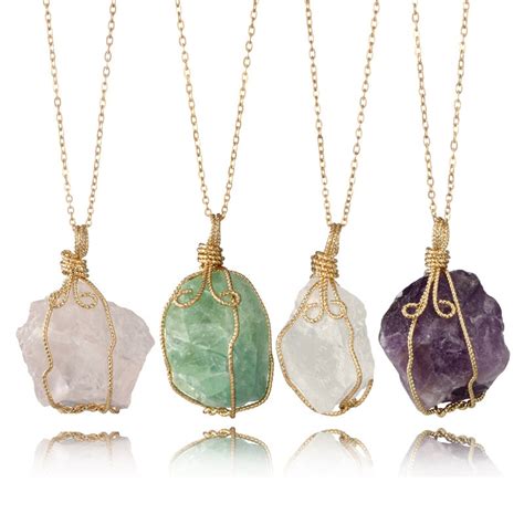 fashion gold chain wire twisted colorful natural stone pendant necklace