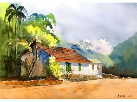 home  village landscape watercolor painting  abhijeet