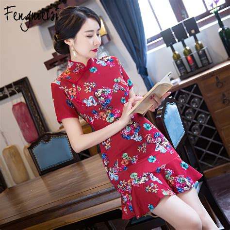 fengmeisi women cheongsam short qipao chinese style sexy ruffles dress