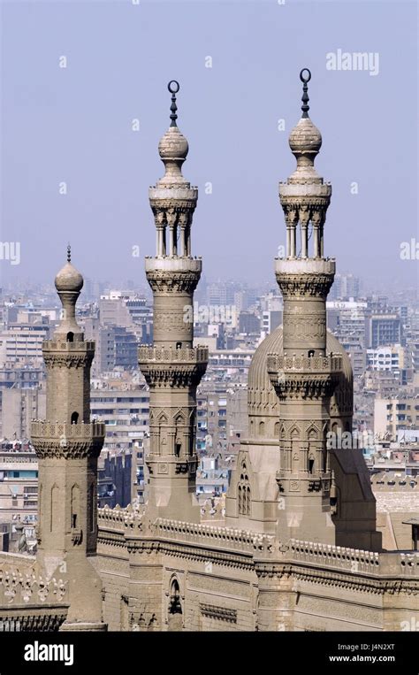 Egypt Cairo Sultans Hassan Mosque He Rifai Mosque Detail Minarets