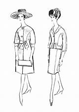 Fashion 1960s Line Colouring Drawings Costume 1962 Drawing Era Sewing History Dresses Patterns Kimono Coloring Pages Worn Suit Illustrations Duster sketch template
