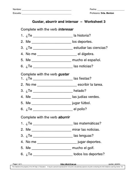 Gustar Aburrir And Intersar Worksheet 3 Complete With Spanish