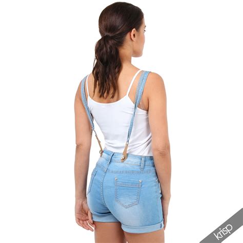 Womens Denim Skinny Stretch Jeans Dungaree Mini Dress Shorts Playsuit