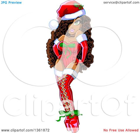clipart of a cartoon black christmas pinup woman posing in a sexy santa