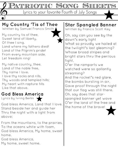 patriotic song sheets   july songs fourth  july songs songs