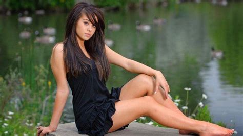 model brunette black dress barefoot legs pond wallpapers hd