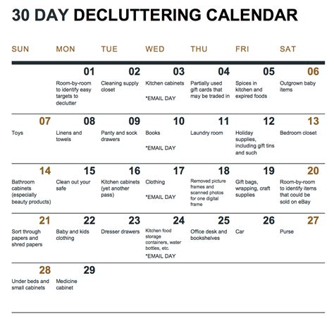 a 30 day decluttering challenge with calendar and how decluttering