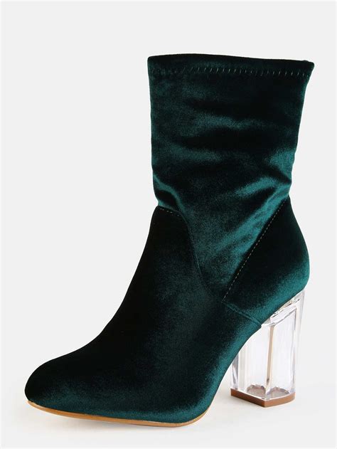 velvet crystal heel ankle boots emerald sheinsheinside