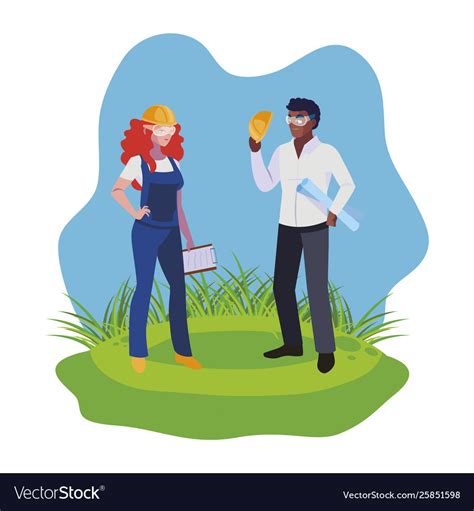 interracial couple builders workers on lawn vector image