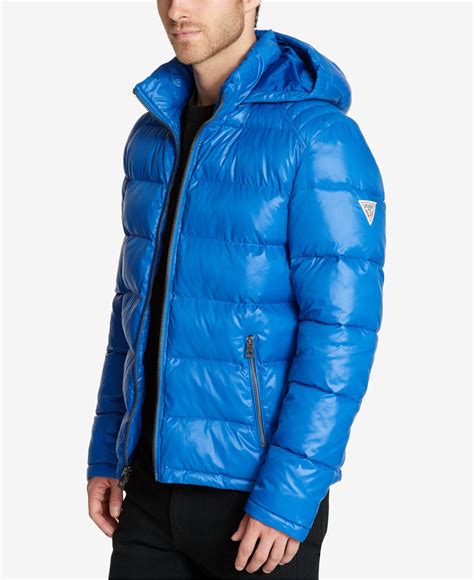 guess mens hooded puffer coat  blue  men save  lyst