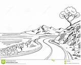 Strada Montagna Nera Schizzo Paesaggio Illustratie Zwarte Grafische Bergweg Highway sketch template