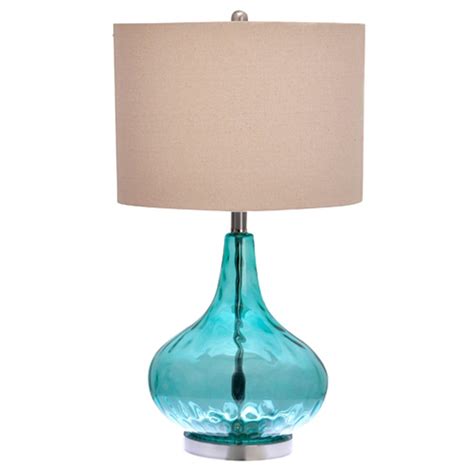25 5 In Blue Thumbprint Glass Table Lamp With Linen Shade