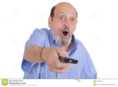 Shocked Senior Man Watching Tv With Remote Control Stock
