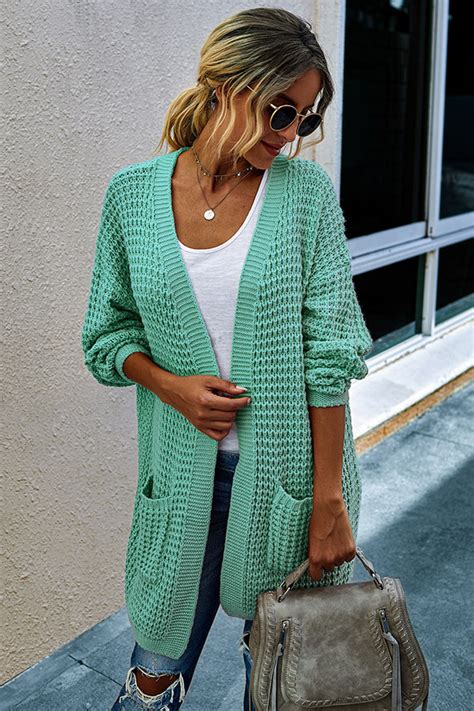 Long Knitted Cardigan With Cute Side Pocket Design Casual Fall
