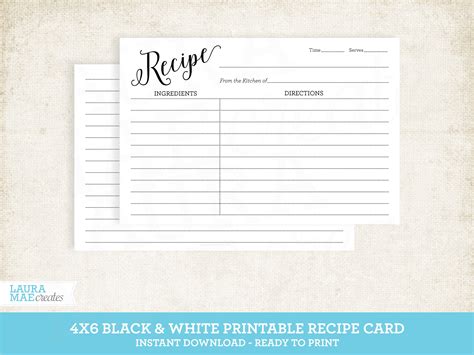 black white  printable recipe card editable recipe card etsy
