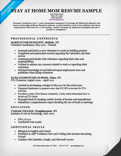 stay  home mom resume sample writing tips resume companion