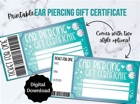 printable ear piercing gift certificate voucher ears pierced etsy uk