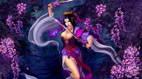 asian girl woman warrior purple flower sword fantasy art wallpaper hd 1920x1080
