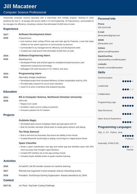 computer science cs resume template examples