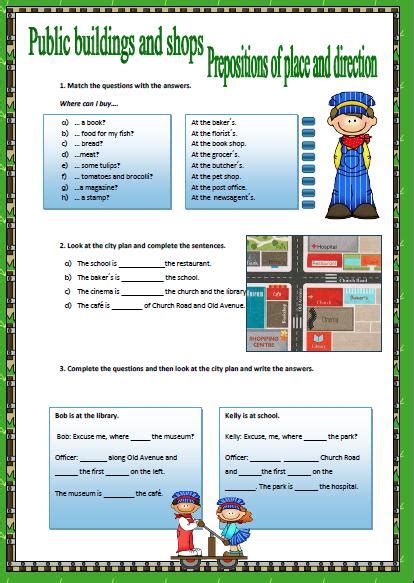 prepositions  place  direction worksheet