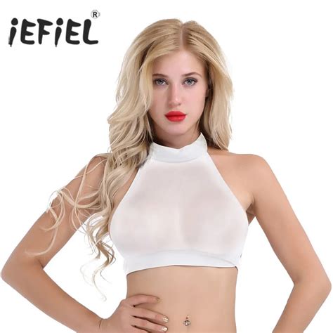 iefiel women female sexy clubwear backless sheer mesh halter neck cami bra slim fit transparent