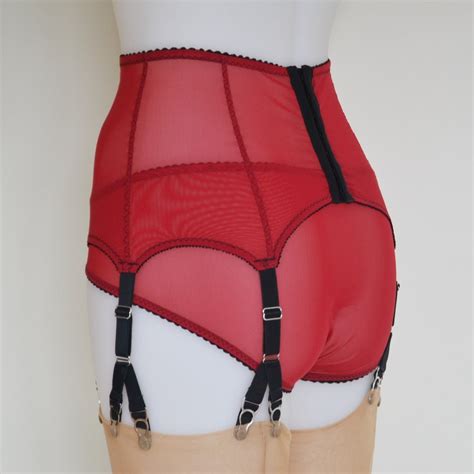 suspender garter belt 6 y strap red mesh and black lace etsy