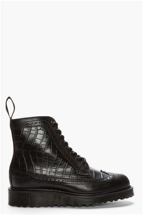 dr martens black leather croc embossed marcus  eye brogue boots