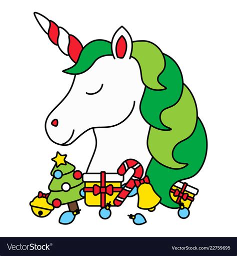 cute christmas unicorn head  christmas items vector image