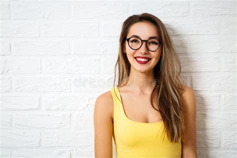 Happy Summer Hipster Girl In Glasses At White Wall Stock Image Image