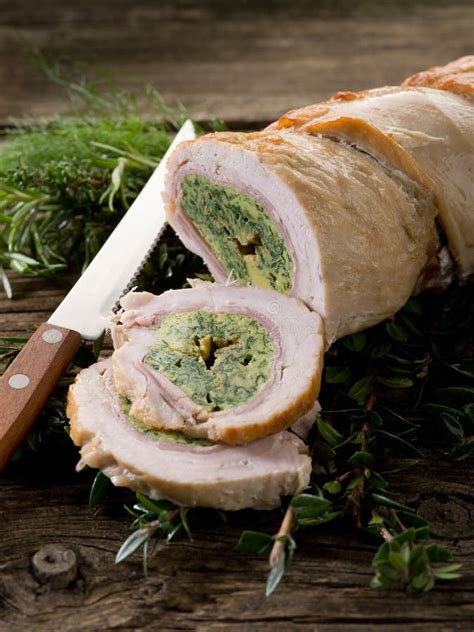 turkey roll filled stock photo image  herb board