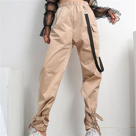 Anself Fashion Women Cargo Pants Strap Side Pockets Elastic Bottom