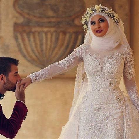 arab hijab saudi arabia modest muslim wedding dress long sleeves lace beads over skirt mermaid