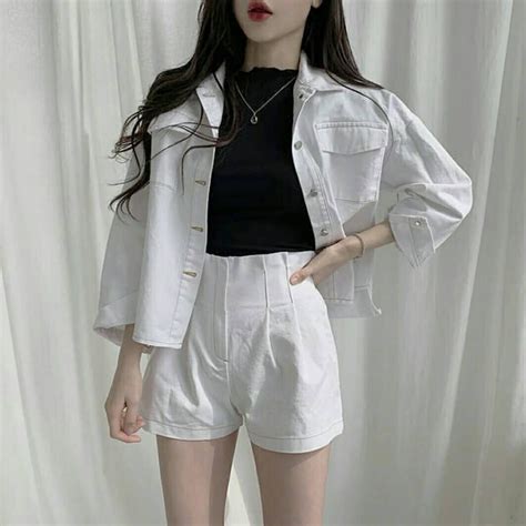 spring outfit korean fashion white matching set denim shorts and jacket
