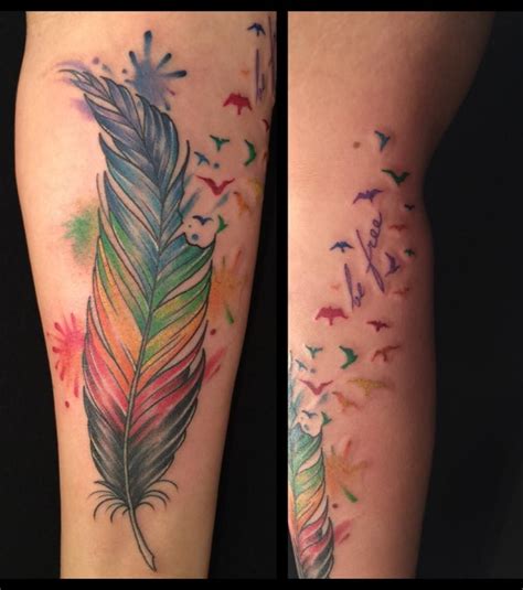 Watercolor Feather Tattoo With Birds Tattoo Designs For Men