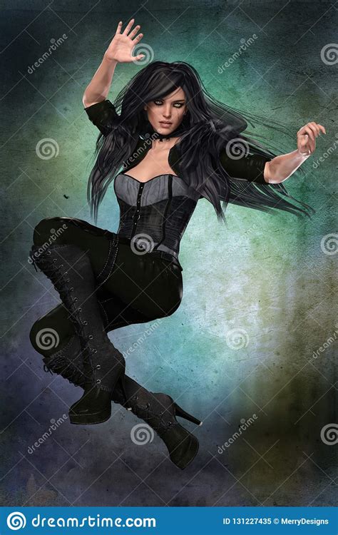 beautiful woman in jumping urban fantasy pose stock