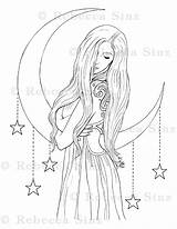 Coloring Moon Book Pages Goddess Celestial Fantasy Blue Elvenstarart sketch template