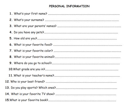 personal information question sheet