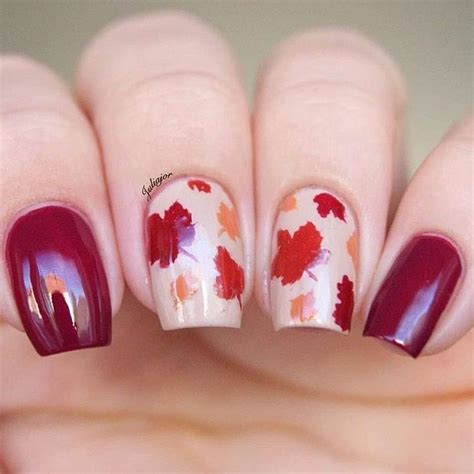 red  white falls nails  leaf design fall gel nails fall