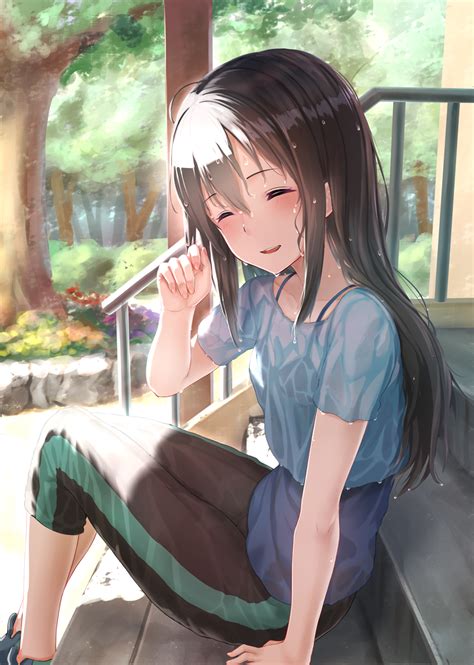 Safebooru 10s 1girl Blush Brown Hair Closed Eyes Commentary Request