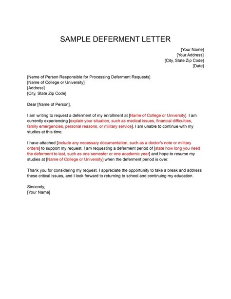 write university deferral letter sample deferment letter