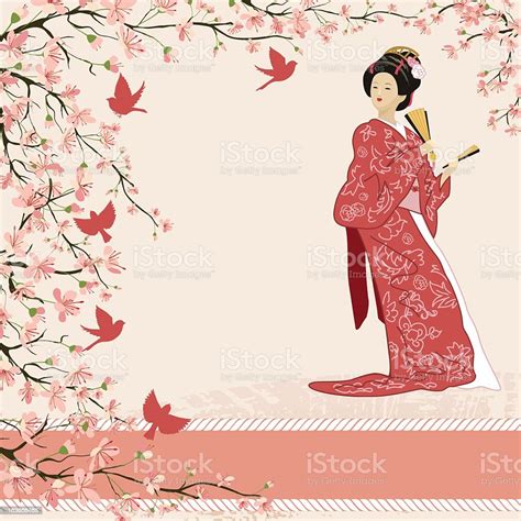 Japanese Woman And Cherry Blossoms Stock Illustration Download Image