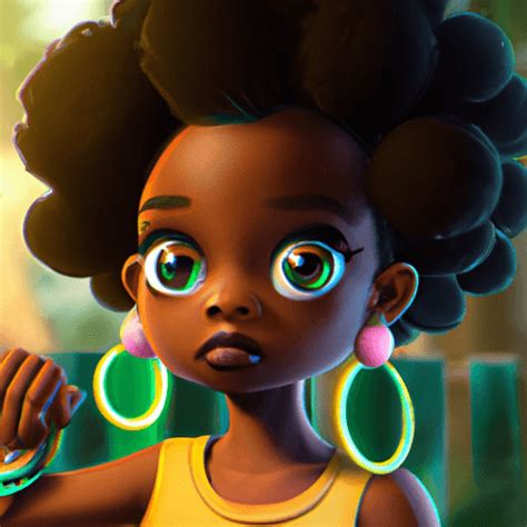 Cute Adorable Black Girl Afro Puffs Gold Hoop Earrings Cartoon
