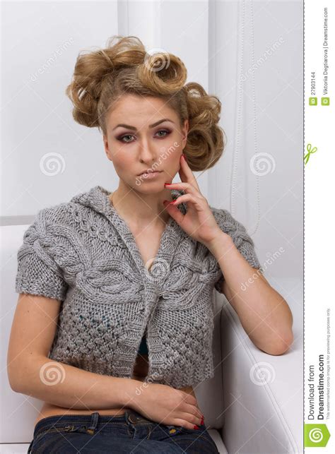 beautiful slim blonde girl in a gray jacket stock images image 27903144